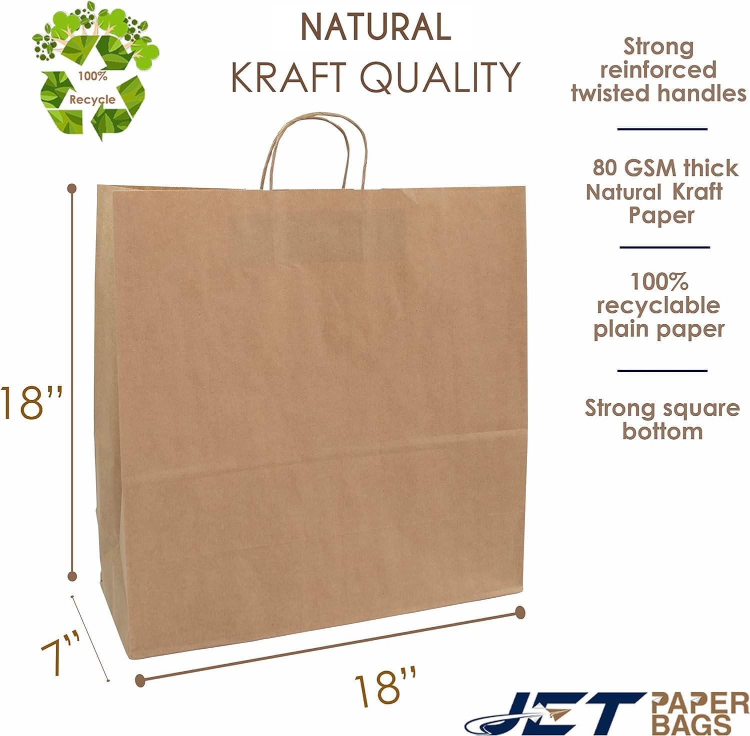 JET PAPER BAGS - 18”x7”x18” Inch Large Brown Paper Bags with Handles Prime (Brown, 18" x 7" x 18" (Pack of 50))