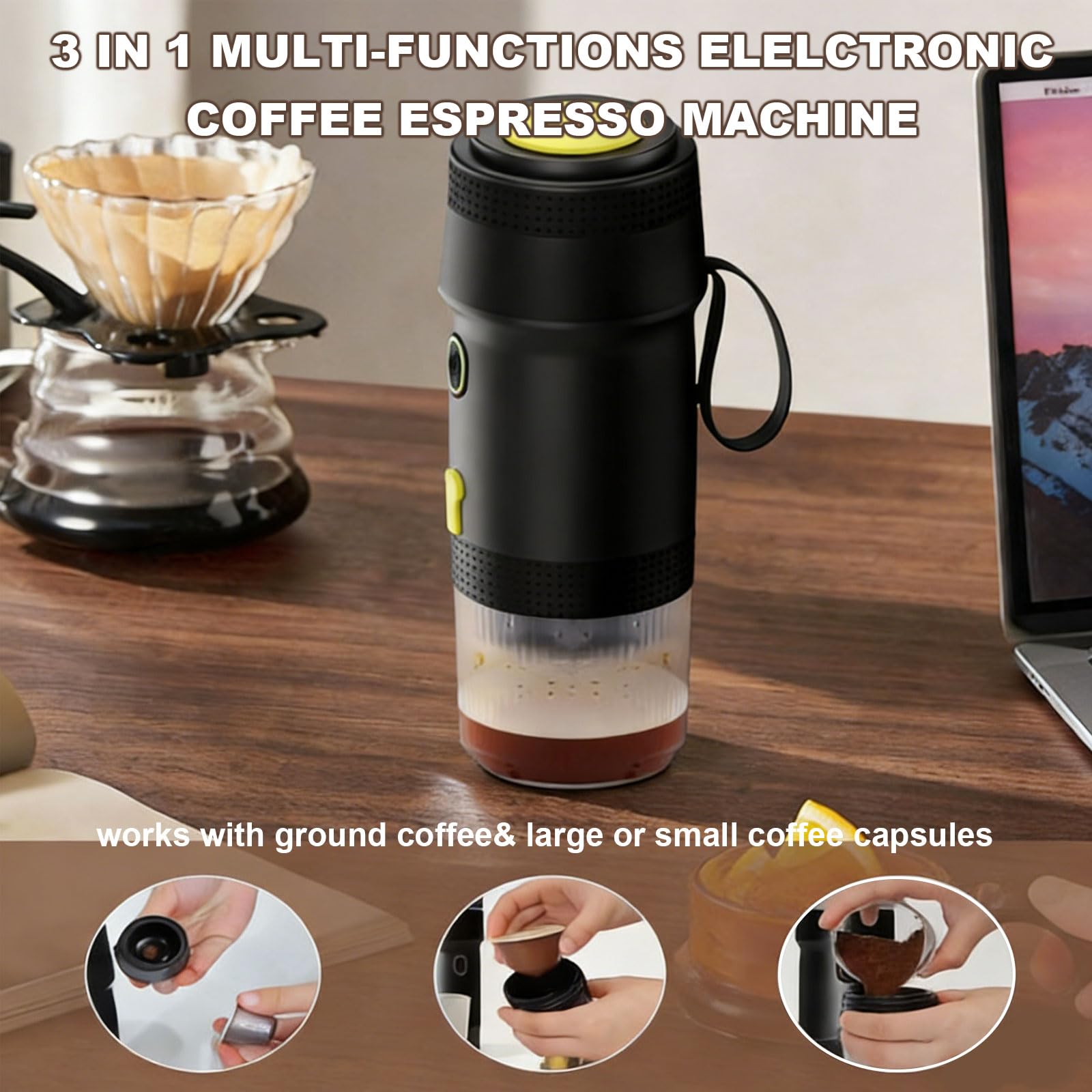 Cafetera eléctrica portátil 3 en 1 con batería de 7500 mAh, calentamiento rápido en 5 minutos, ideal para camping y viajes