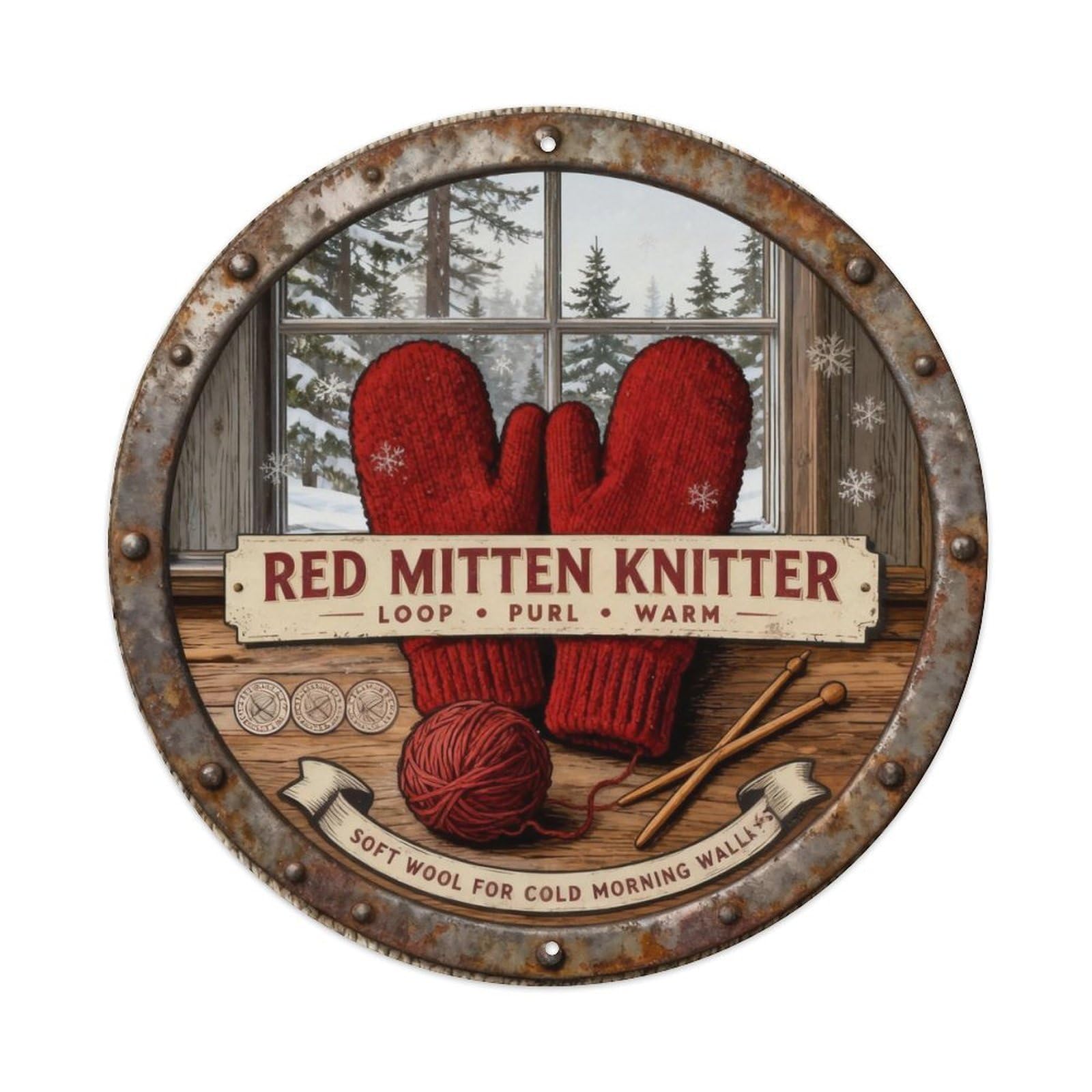 Red Mitten Knitter Sign Metal Tin Sign Plaque