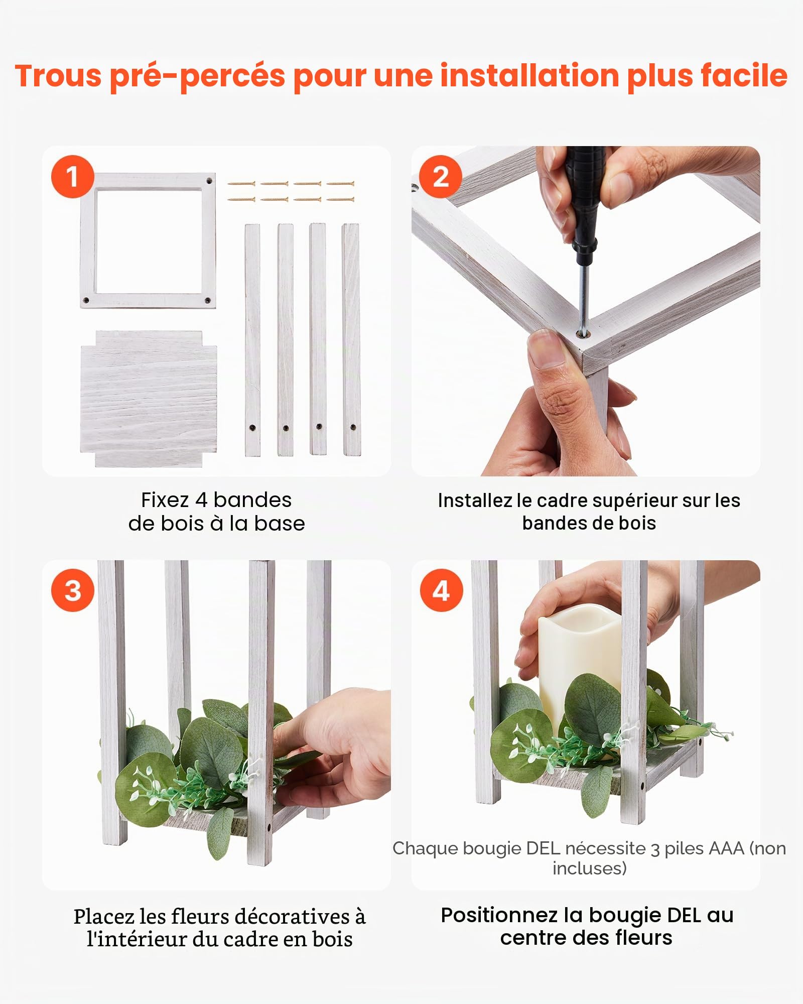 VEVOR Lanterne de Mariage en Bois, Lot de 12, Lanterne Décorative avec Bougies LED sans Flamme, Couronnes de Fleurs Artificielles, pour Centre de Table de Mariage, Fête, Décoration Intérieur, Blanc