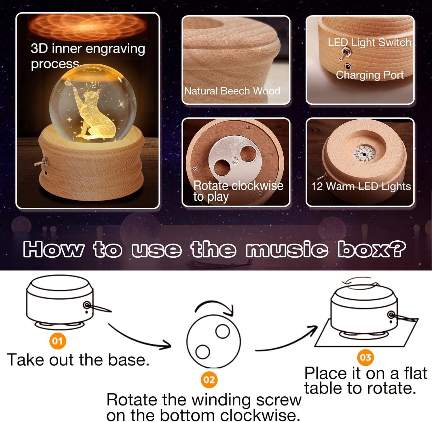 Spieluhr für Erwachsene, 3D Kristallkugel Spieluhr, 360° Leuchtende Drehbare Spieluhr mit Lichtprojektion und Holzsockel, Geeignet für Kinder, Ehefrauen, Mütter, Kreative Dekoration Geschenke