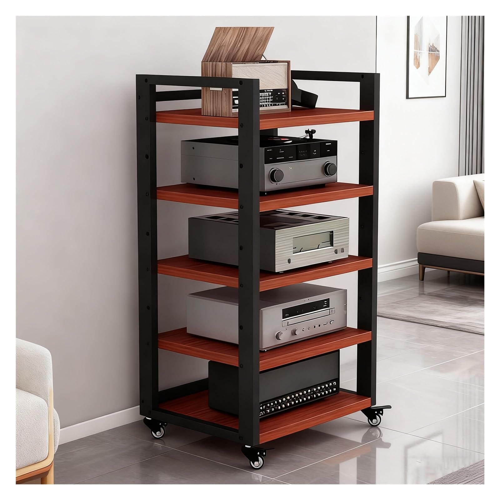 5-poziomowy stojak na sprzęt HiFi, stojak na gramofon z kółkami i regulowanymi półkami, wolnostojący, ruchomy stojak na sprzęt audio do sal gier, studiów nagraniowych (kolor tekowy, 50 x 40 x 120