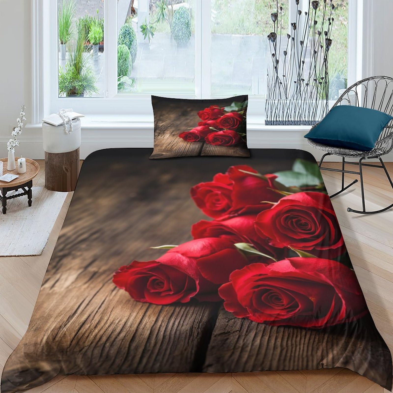 Housses de couettes imprimé fleur rose ensemble de literie microfibre single 135x200cm IOFEER