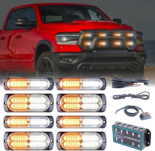 8pcs Sync Feature Emergency Strobe Grille Lights LED Ultra Slim Surface Mount Flashing Hazard Warning Light Bar with Controller for Firefighter/Construction/Trucks/Vehicles/Car (Amber/White)