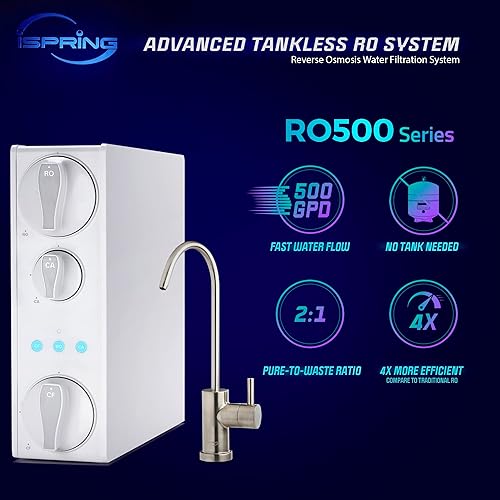 Miniatura 2 de iSpring RO500AK-BN+UVF8 Sistema de filtración de agua de ósmosis inversa sin tanque con remineralización alcalina de pH natural y luz LED UVF8,