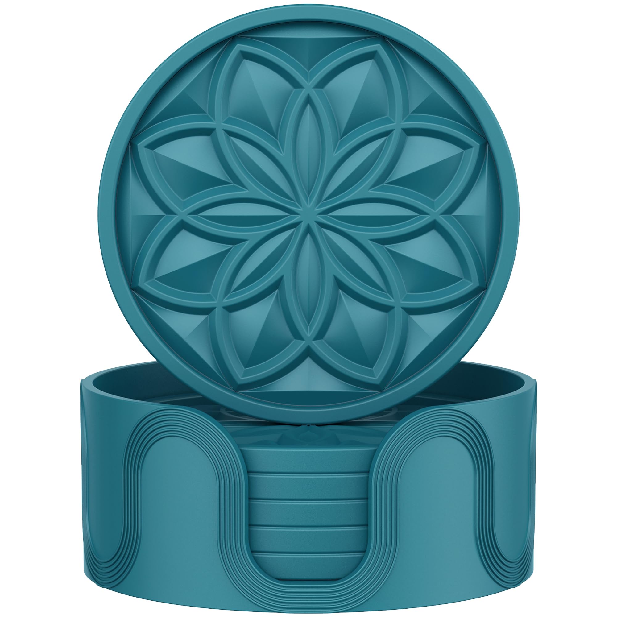 HFHOME Silicone Coasters Set with Holder - 6 Pack Drink Coasters for Coffee Table, Bar, Desk - Tabletop Protection Gift - Blue