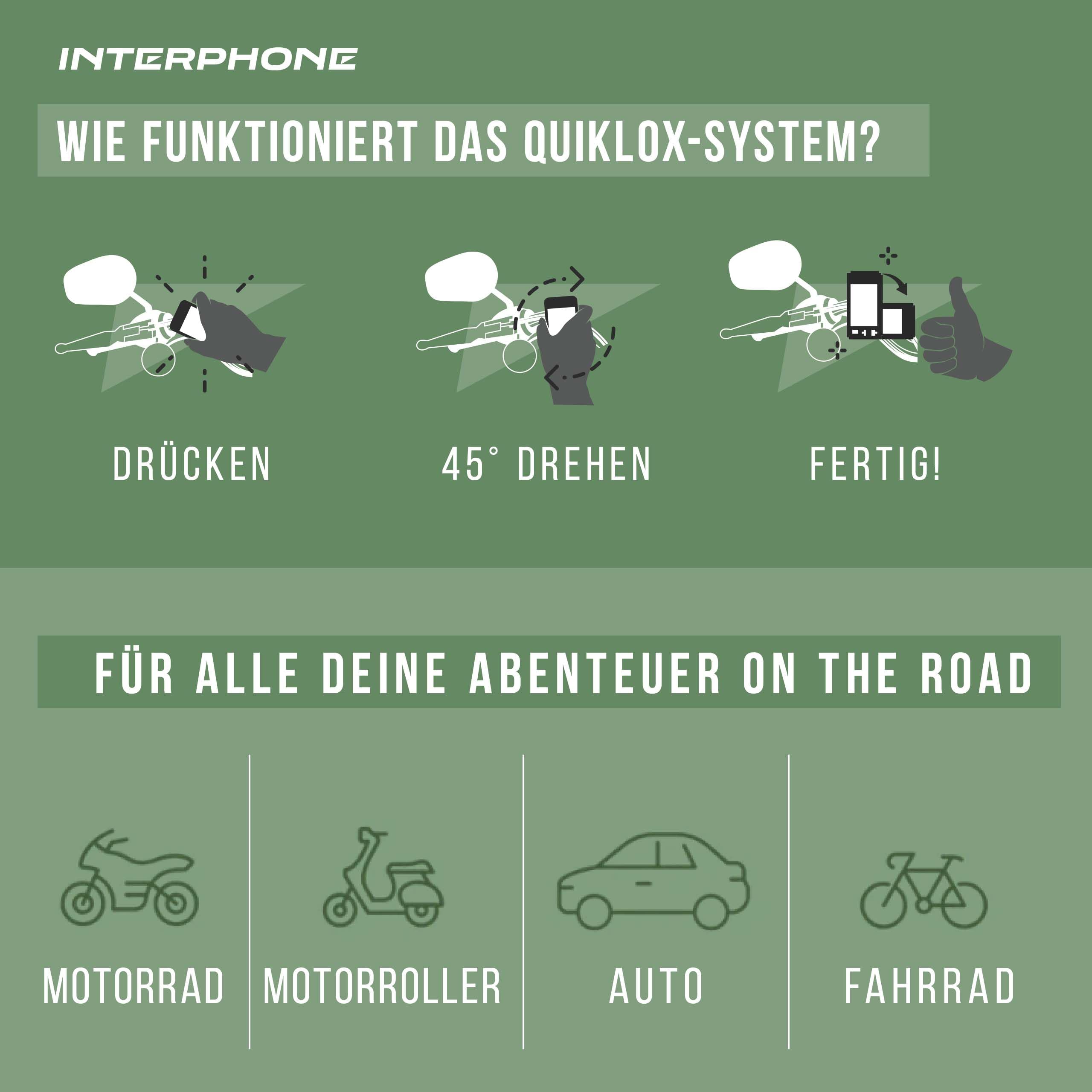 Interphone - Quiklox Modular System - Uchwyt na telefon do motocykla-uniwersalny uchwyt na smartfona (od 3,5" do 7,5") do kierownicy Quiklox lub wsporników lusterek-szybkozłączka