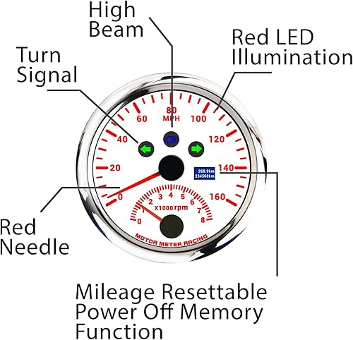 Miniatura 15 de MOTOR METER RACING W Pro 3.346 in 3-3/8" GPS Velocímetro con señal de giro de haz alto 160 MPH Negro Dial blanco LED Digital Odómetro impermeable