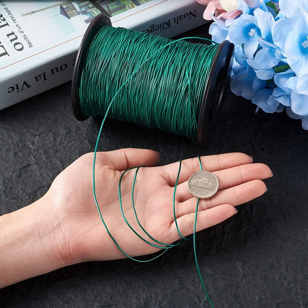 KISSITTY 1 Roll Round Elastic Fibre Cord Green Luster Braided Thread Beading String with Rubber Inside for Jewelry Beading Braid Knotting 1mm Dia