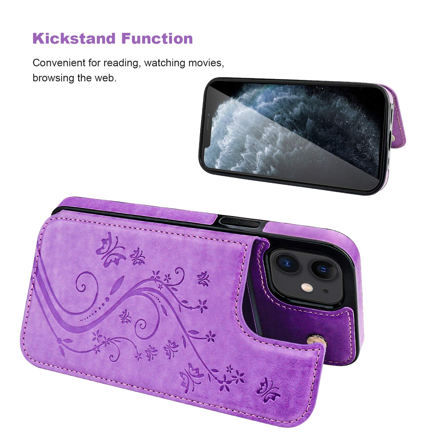 Custodia A Portafoglio Per IPhone 12 Con Motivo Farfalla In Rilievo, Copertina In Pelle PU Con Porte Carte E Supporto Magnetico - 2