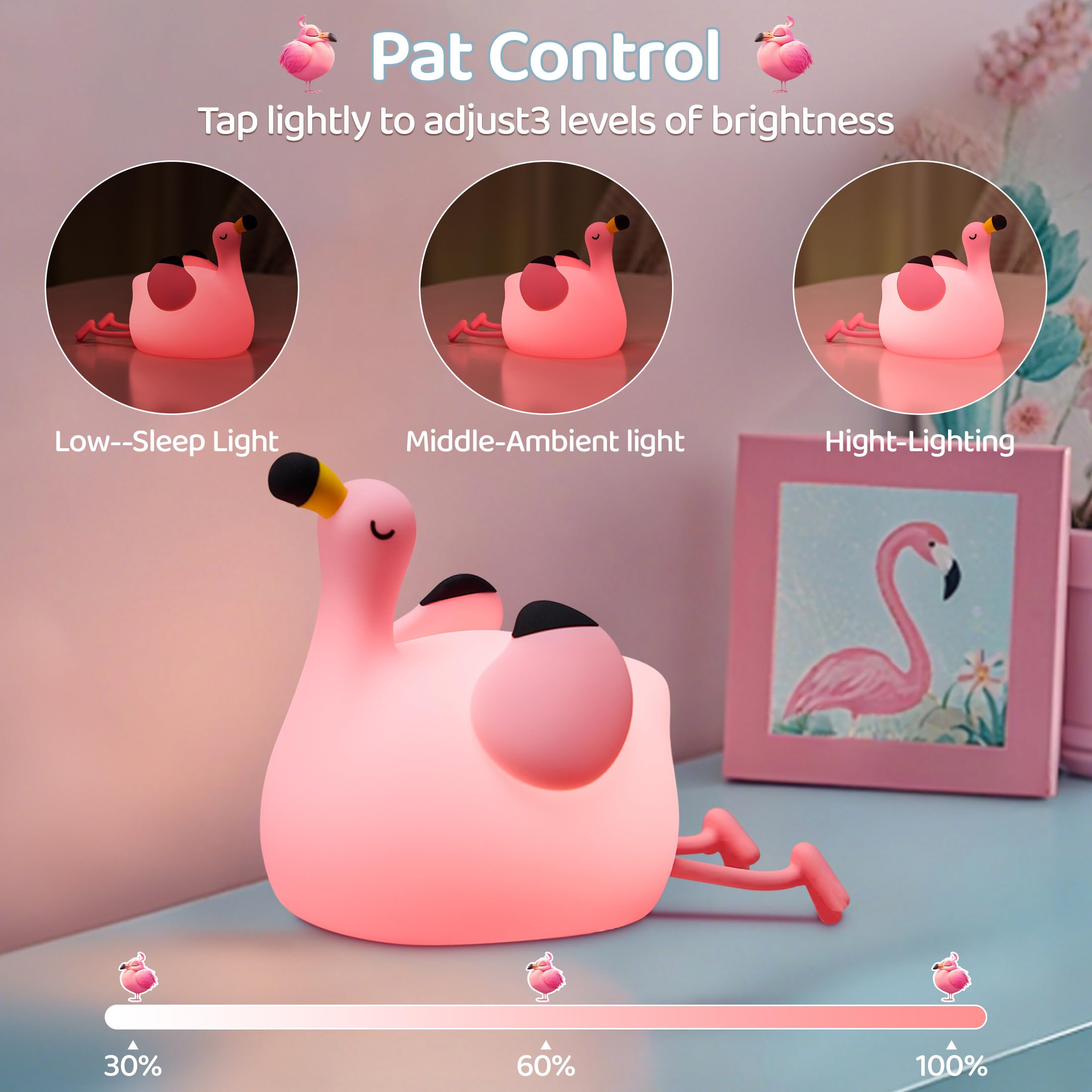 FAMIDUO Lampada Fenicottero Luce Notturna Neonato, Lampada Silicone Morbida, 3 Livelli di Luce Dimmerabile/Controllo Touch/Ricaricabile USB, Luce Notturna Bambini, Regalo per Bambina