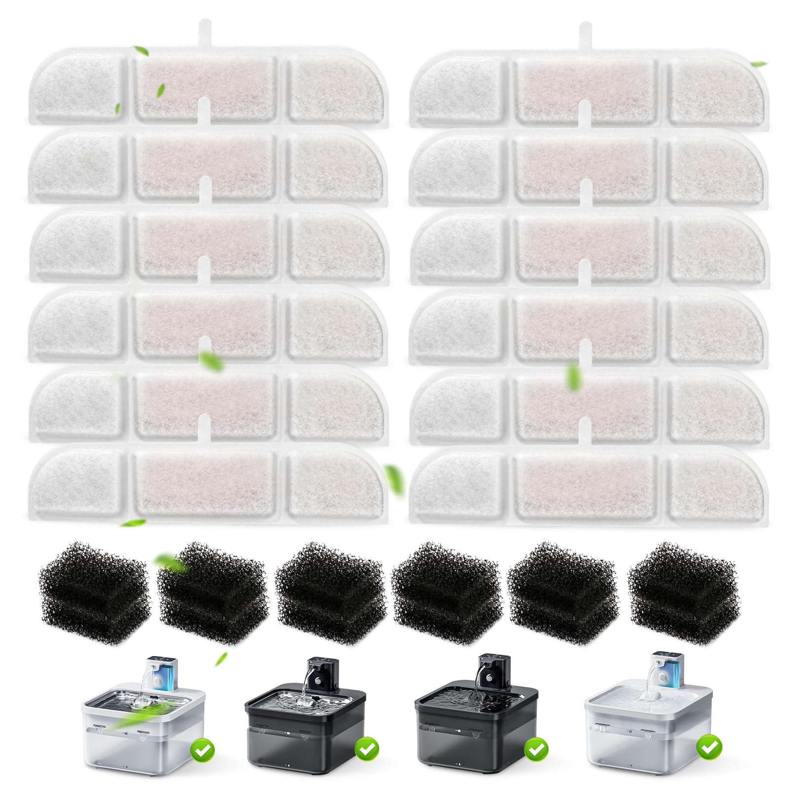 Katzenbrunnen Filter, 24 Stück Filter für Katzenbrunnen, 12 Packs Ersatzfilter Aktivkohle Medizinalstein Ionenaustauschharz und 12 Schaumstoff Für 2.5L Trinkbrunnen für Katze Kabellos (DPWFP6)