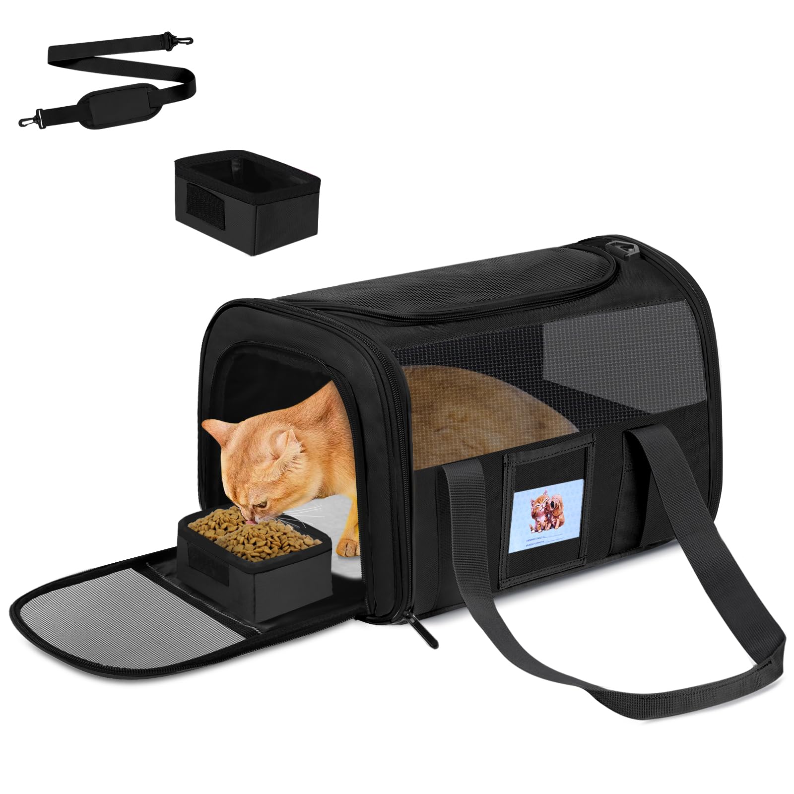 Cat Carrier Soft for Pets Up to 15 Lbs, Cat Travel Bag with Padded Shoulder Strap and Detachable Cat Food Bowl, Pet Dog Carriers for Small Dogs Travel Puppy Carry Airline Approved, Black