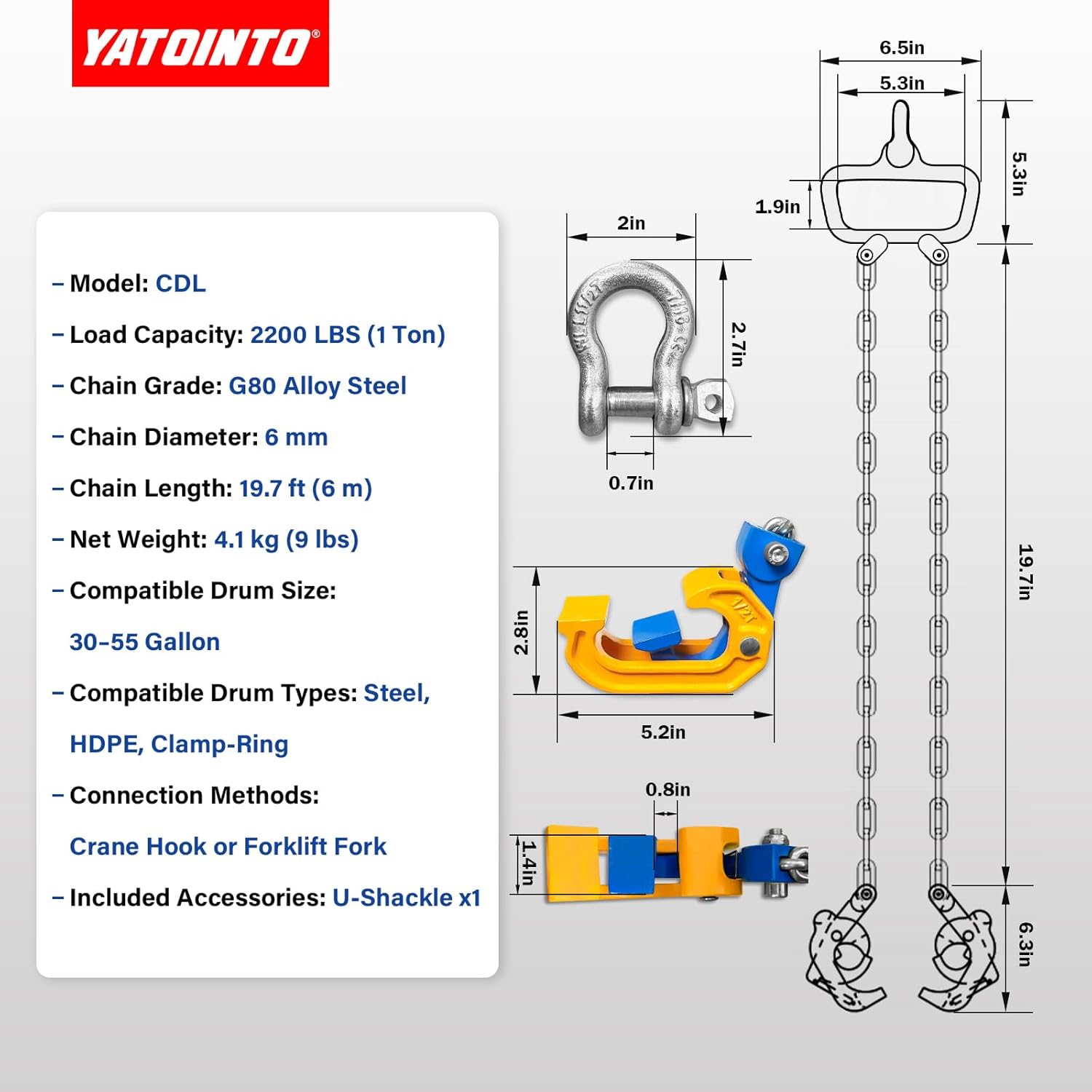YATOINTO 1Ton Drum Lifter Clamp with G80 Chains | Barrel Lifting Tool for 30-55 Gallon Steel & Plastic Drums | Spring-Loaded Locking Hooks | Forklift & Crane Compatible