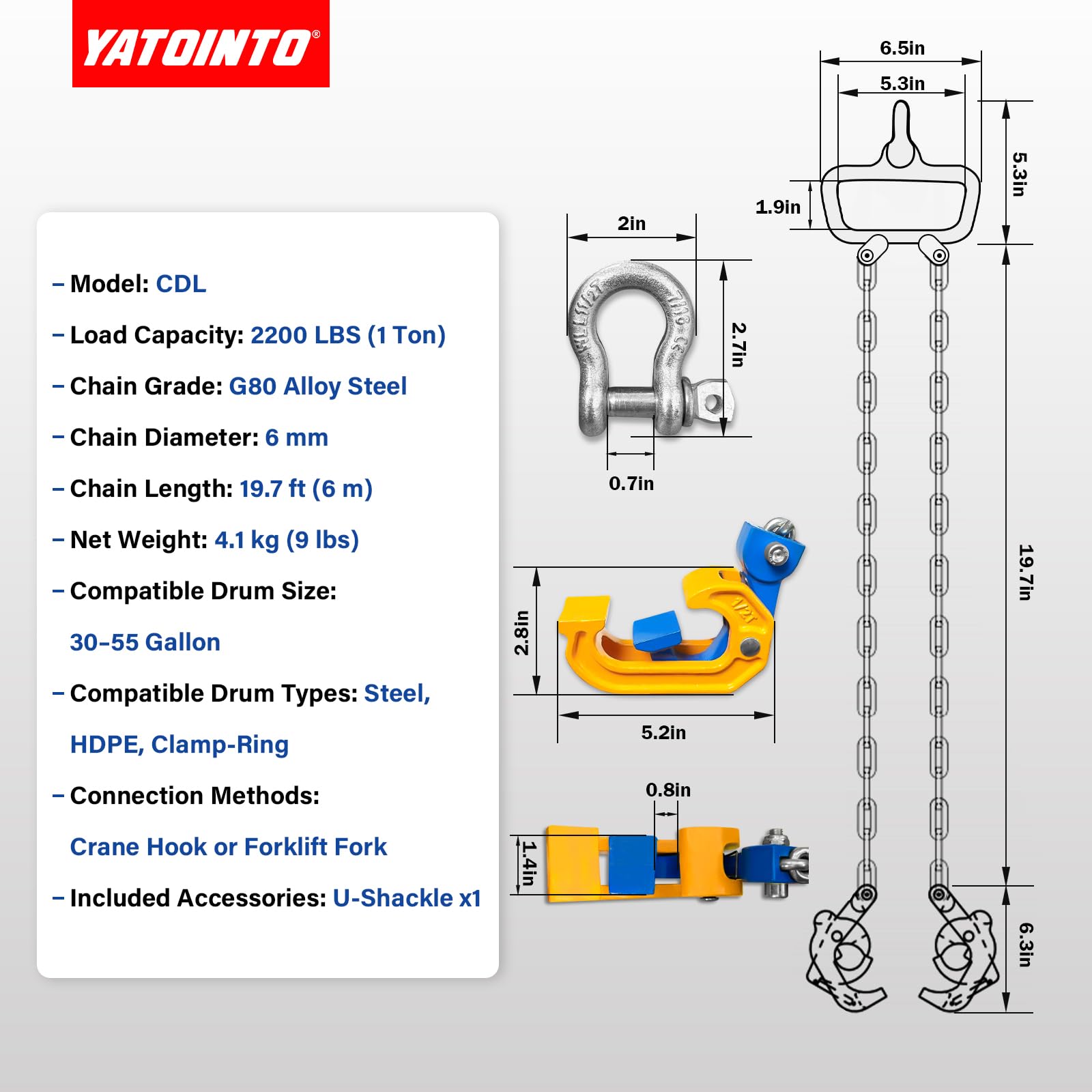 YATOINTO Pince de levage de tambour de 1 ton avec chaînes G80 | Outil de levage de baril pour fûts en acier et en plastique de 100 à 150 litres | Crochets de verrouillage à ressort | Compatible avec