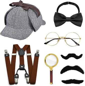 Xerteam 8 Pcs Detective Costume Accessory Set Detective Costume Hat Suspenders Bow Tie Magnifying Glass Glasses Mustache