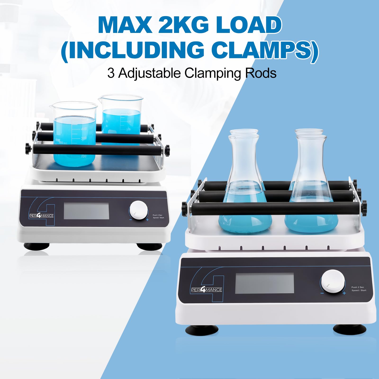 PER4MANCE Agitatore orbitale con ampiezza di 20 mm, velocità regolabile 40-300 giri/min, capacità 2 kg, display LCD, timer (1 min-23 h59 min) e modalità continua per laboratorio