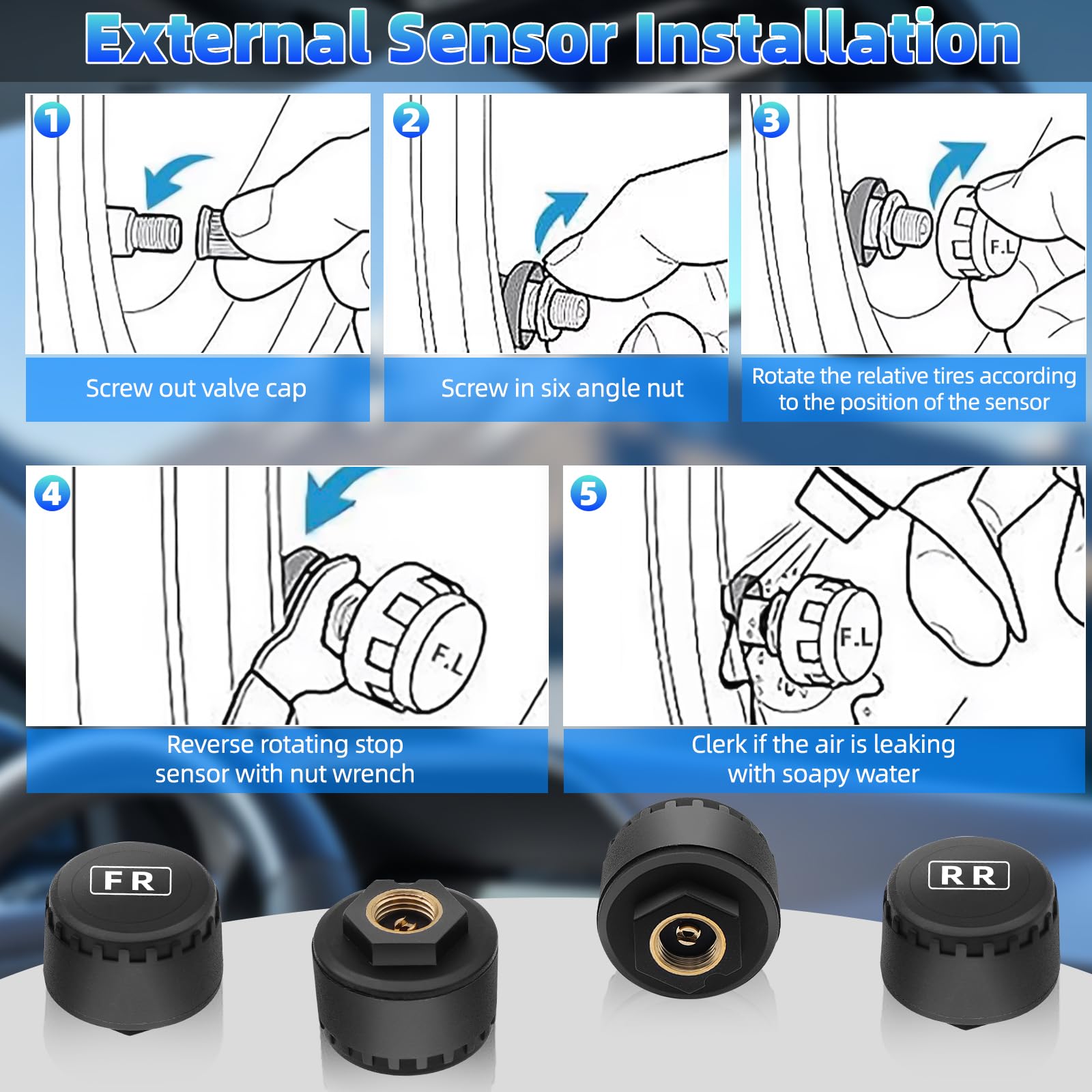 TPMS Sistema di Sensori di Monitoraggio della Pressione Pneumatici con Allarme Temperatura/Pressione per 4 Turni Camper SUV Auto, 5 Bar