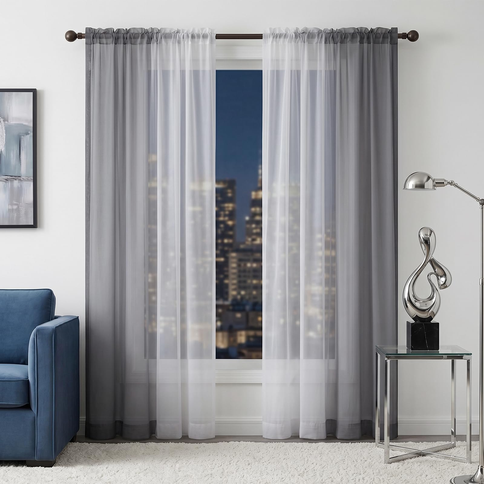 Melodieux Ombre Gardinen mit Kräuselband - Transparent Vorhänge für Wohnzimmer 2er Set, 260x140cm Grau, Leicht Gardinen für Schule, Küche, Kinderzimmer, Terrasse, Gartenpavillon
