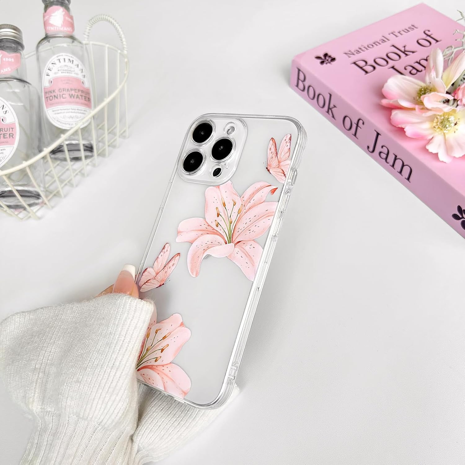 NITITOP Compatible with iPhone 13 Pro Max Case Clear Cute Butterfly Lily Flower Floral Pattern for Women Girls Full Camera Lens Clear Slim Shockproof Protective Phone Cover - Light Pink - Image 7