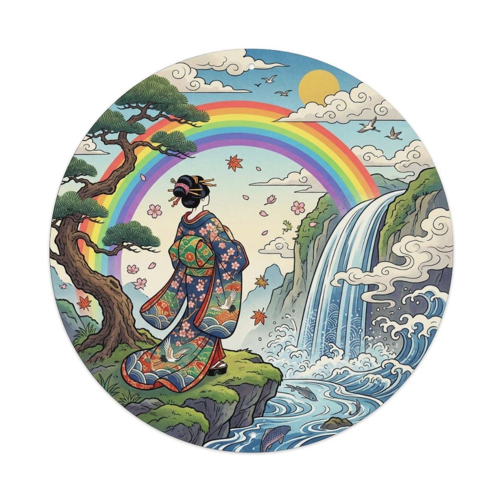Yrnq 8X8inch Vintage Style Japanese Geisha Waterfall Rainbow Admiring Scenic Metal Tin Sign