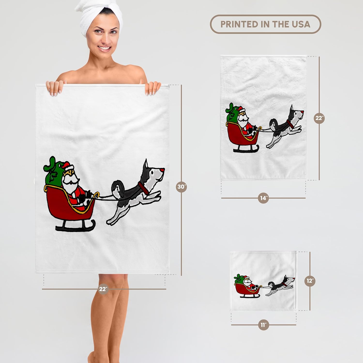 3dRose Funny Santa in Sleigh Pulled by Siberian Husky Dog 22x30 Bath Hand Pool Towel