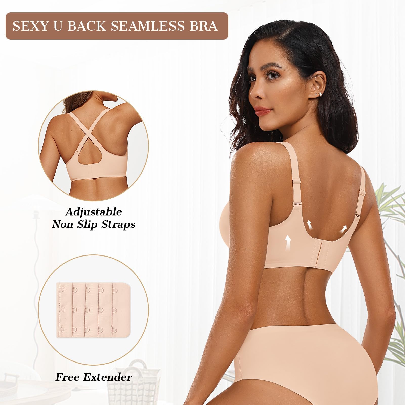 OEAK - Sujetador sin aros para mujer, cómodo, sin costuras, suave, cuello en V, festoneado, cobertura completa, para uso diario