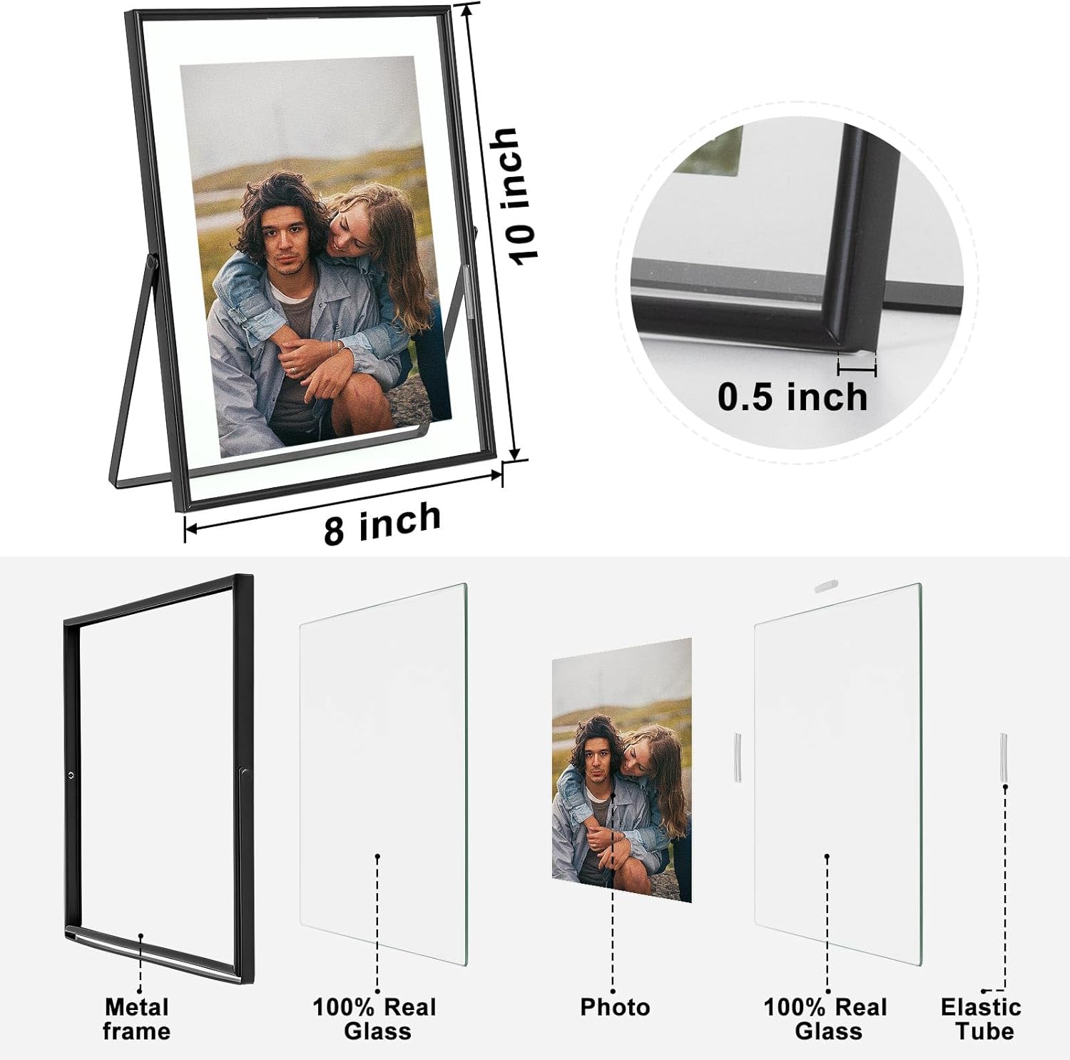 Qiannhee 8x10 Floating Frame Set of 2, Black Picture Frame Hold 8x10in 6x8in 5x7in Photo for Tabletop, Glass Finish,Vertical Metal Stand Frame - Image 4