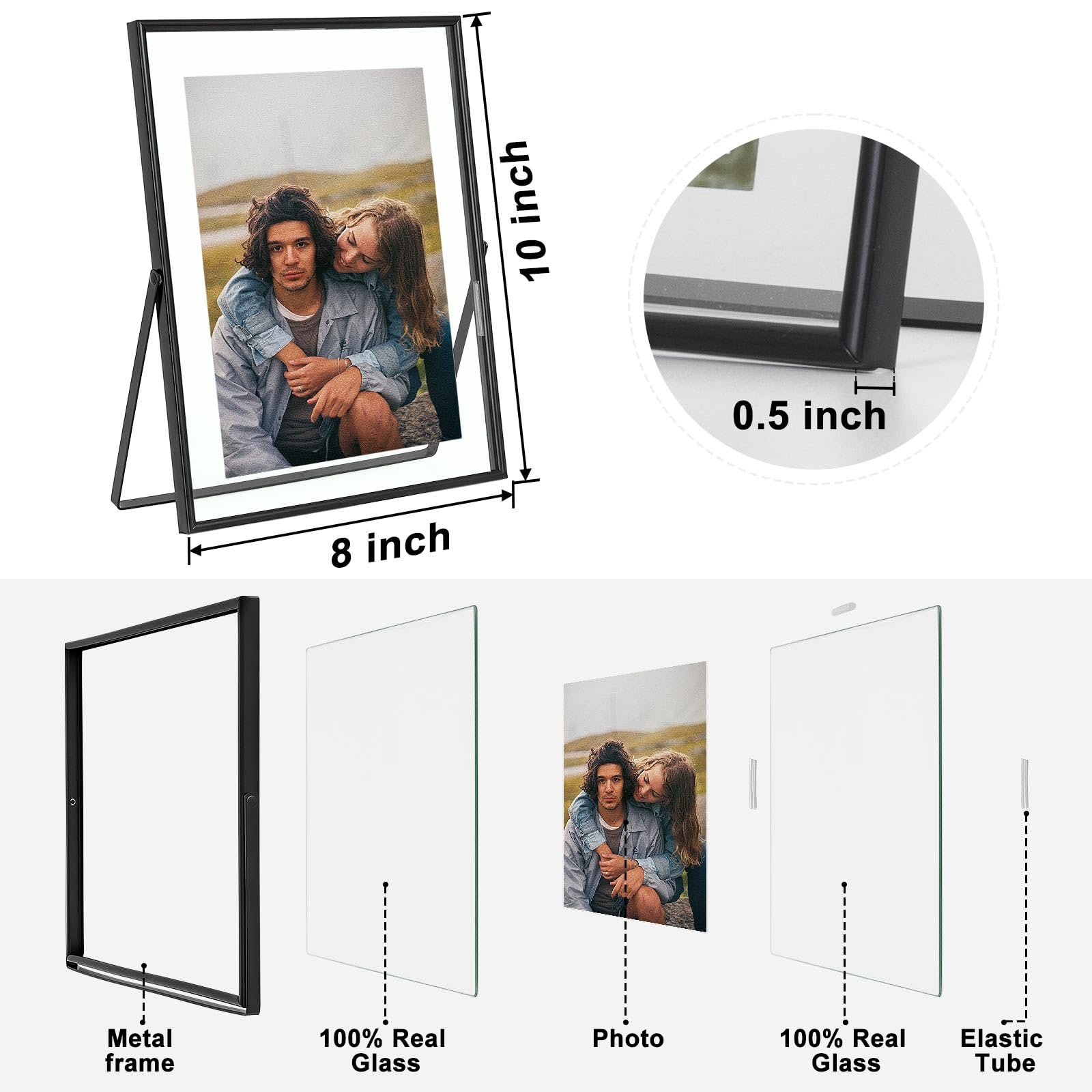 Lot De 2 Cadres Photo Flottants AhaGo En Métal 20,3x25,4 Cm – Accueille Plusieurs Formats (15,2x20,3, 12,7x17,8) – Verre Double Face, Argent, Or Ou Noir