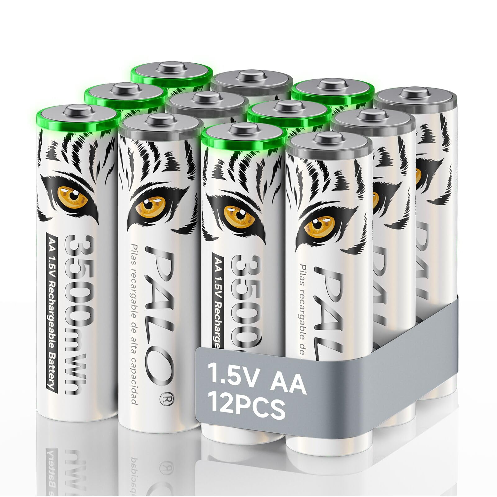 Pilas AA de Litio Recargables 1,5 V 3500 mWh, Pilas AA de Carga rápida con Estampado de Tigre, Baja autodescarga con luz de Carga, más de 1500 Ciclos, 12 baterías con Caja de batería