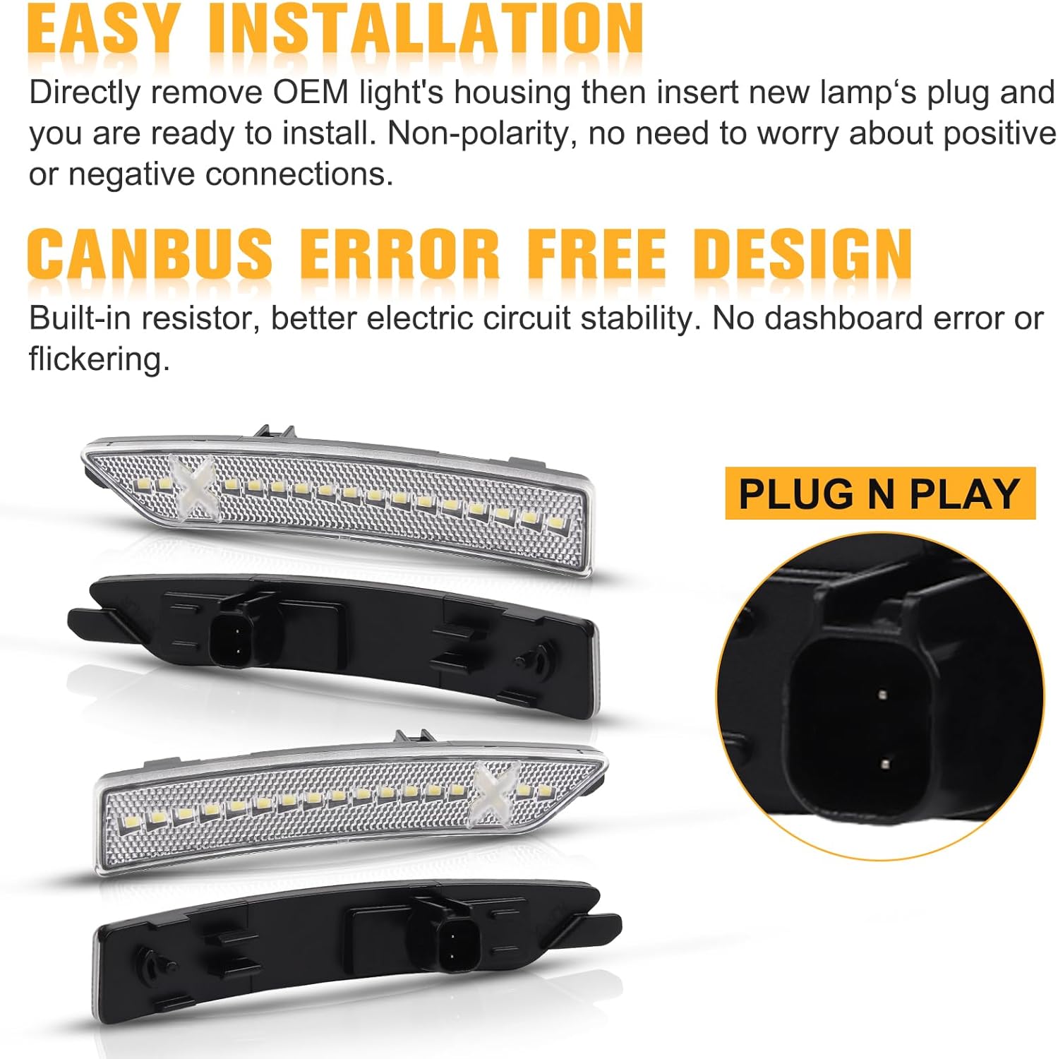 Gempro LED Bumper Fender Side Marker Light Xstyle All White Compatible with Ford Mustang 2024 2025 Clear Lens Front Rear White Lamps Spirit Snake Series Pack of 4 [PATENT PENDING]