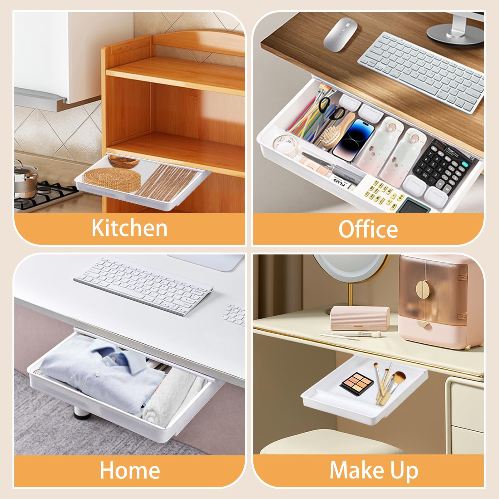 Ausziehbare Untertischschublade, selbstklebendes Aufbewahrungsfach für Zuhause und Büro, 32,2 x 28,2 x 5,4 cm, extra ausziehbare Schubladenlösung, platzsparendes Schreibtischzubehör