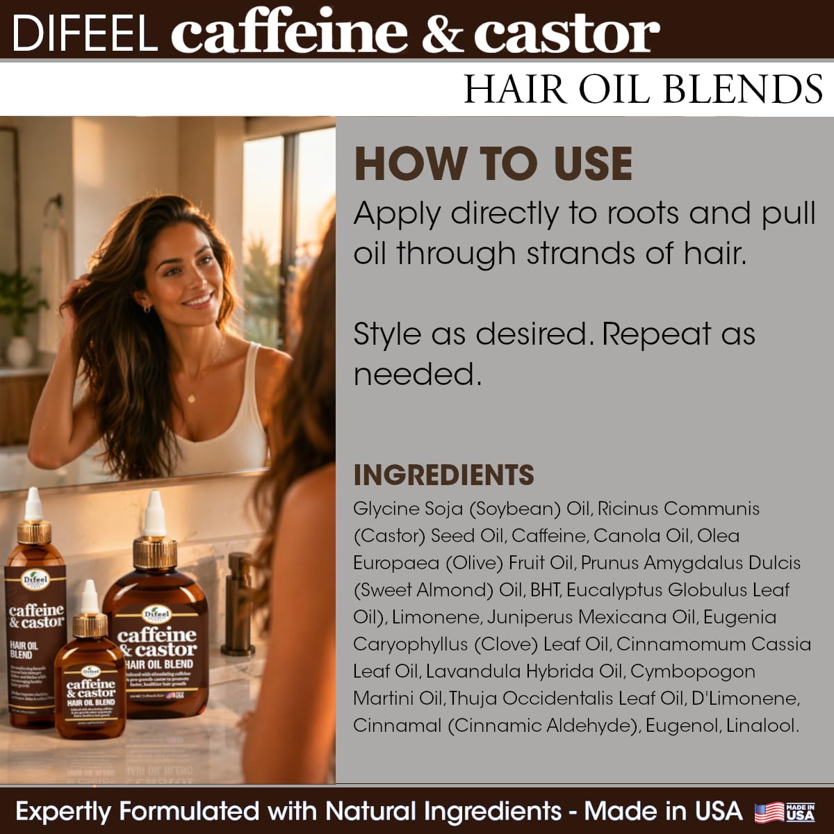 Difeel 99% natürliches Premium-Haaröl – Koffein & Rizinus; schnellstes Haarwachstum; Haaröl 227 ml