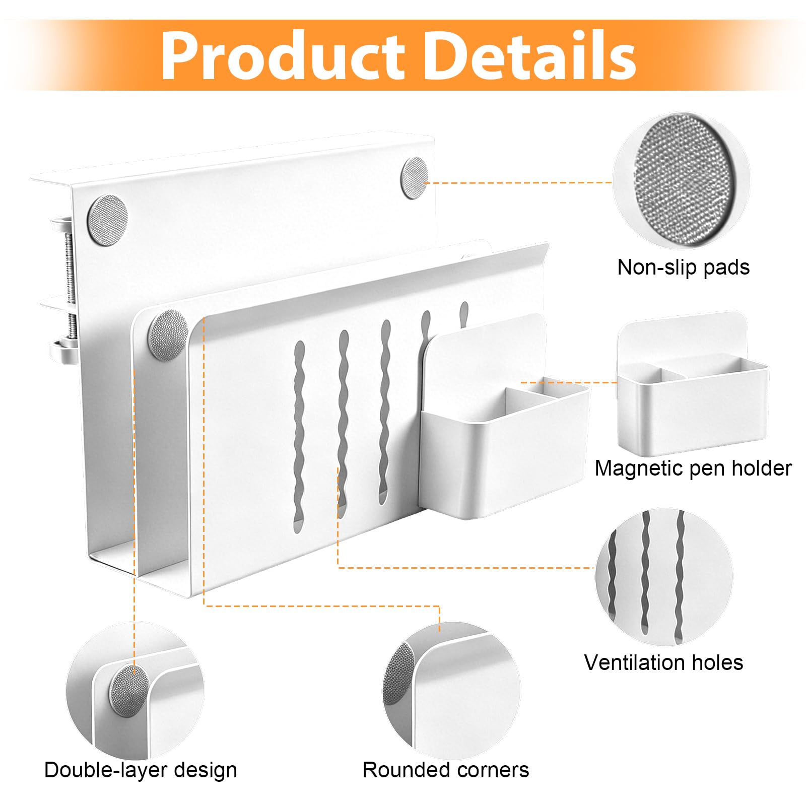 Schreibtisch Seitenaufbewahrung, Verstellbar Seitenständer Laptop Stand Kein Bohrer mit Magnetischer Stifthalter Doppellagig Desk Side Storage Notebook Halterung für Büro Zuhause, Weiß