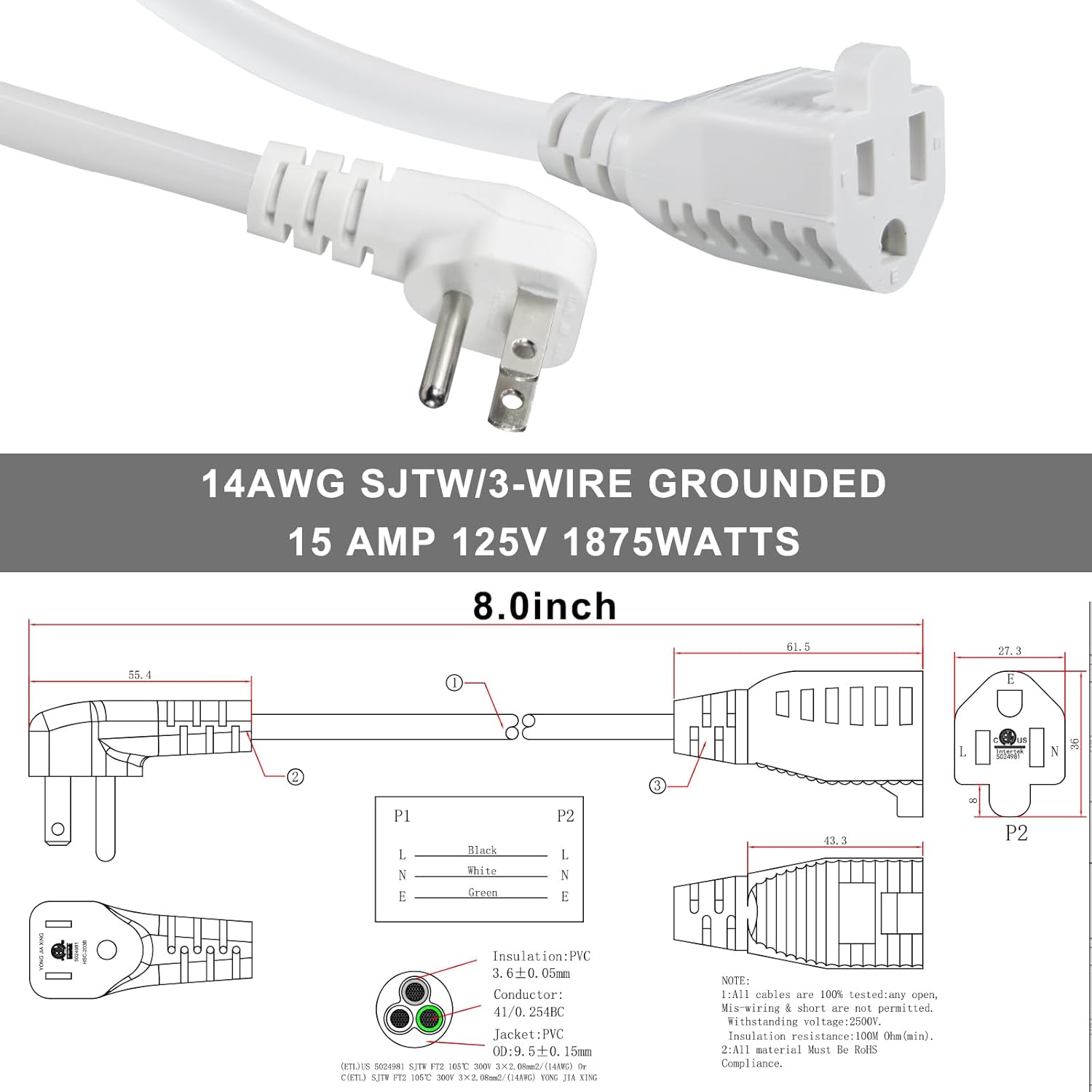 KUNCAN Short Power Extension Cord - Low Profile Wall Head 6 Inch 14AWG/3C SJTW Heavy Duty Extension Cable for Indoor/Outdoor, 90-Degree Flat Plug 15A/125V 1875W NEMA 5-15P to NEMA 5-15R, White 4-Pack