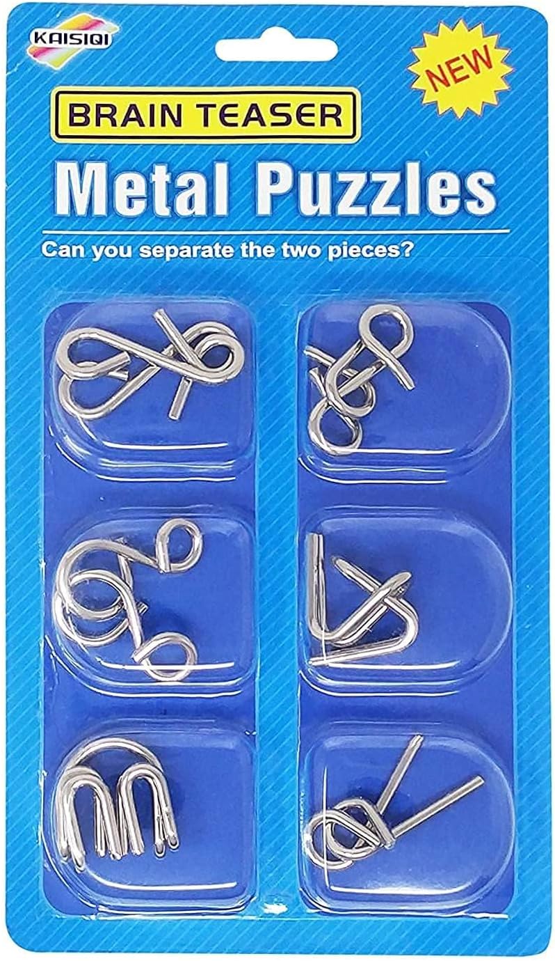 Kunya Kid 6Pc Brain Teasers Metal Wire Puzzle - IQ Toys for Gifts, Party Favors, Prizes - Disentanglement Unlock Interlock (6 Pc)