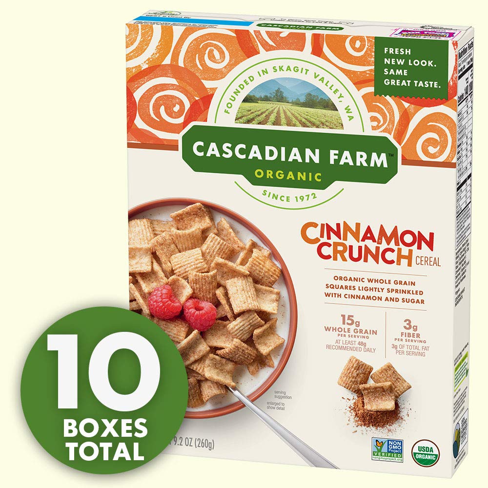 Cascadian Farm Organic Cinnamon Crunch Cereal Whole Grain Cereal, 9.2 oz (Pack of 10)