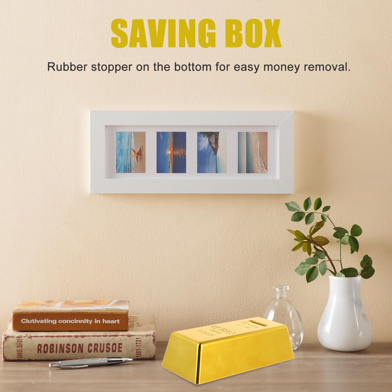 Kisangel Gold Bar Piggy Bank, Plastic Saving Box Money Pot Stopper for Home Decor Unique Occasions