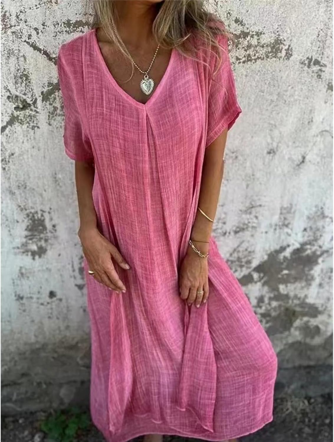 Zomerjurk voor dames, linnen, casual, V-hals, midi-jurk, korte mouwen, A-lijn, strandjurk, zonder accessoires, midi-jurk, zomer, korte mouwen, katoen, A-lijn, linnen jurk, boho, lange zomerjurken