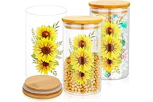 3 Pcs Sunflower Canister Set Kitchen Glass Storage Jars with Airtight Bamboo...