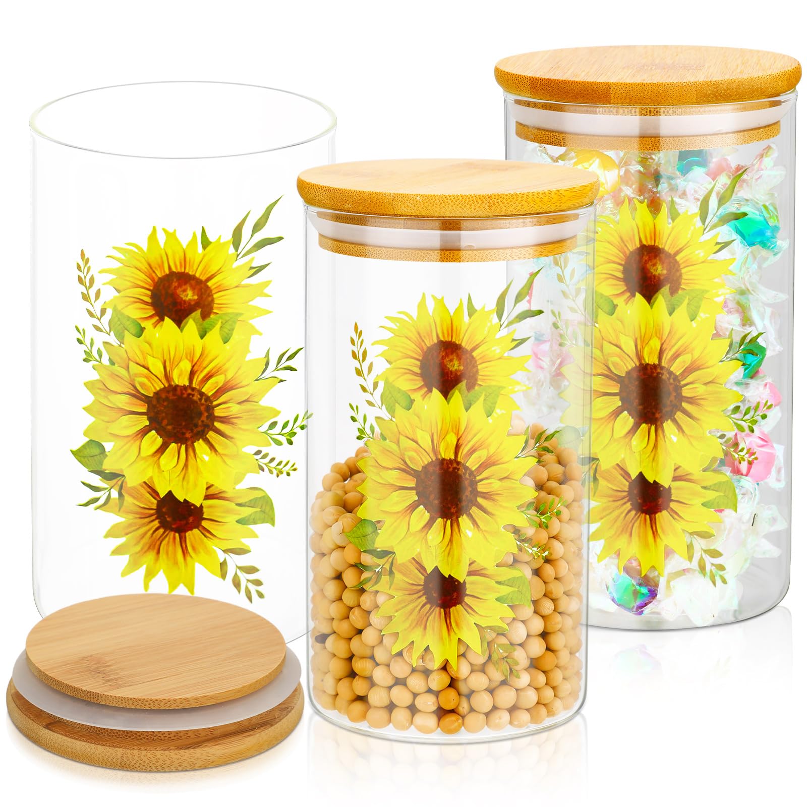 Layhit Set di 3 barattoli in vetro trasparente con girasole e coperchio ermetico in bambù, per chicchi di caffè, biscotti, caramelle, tè, farina