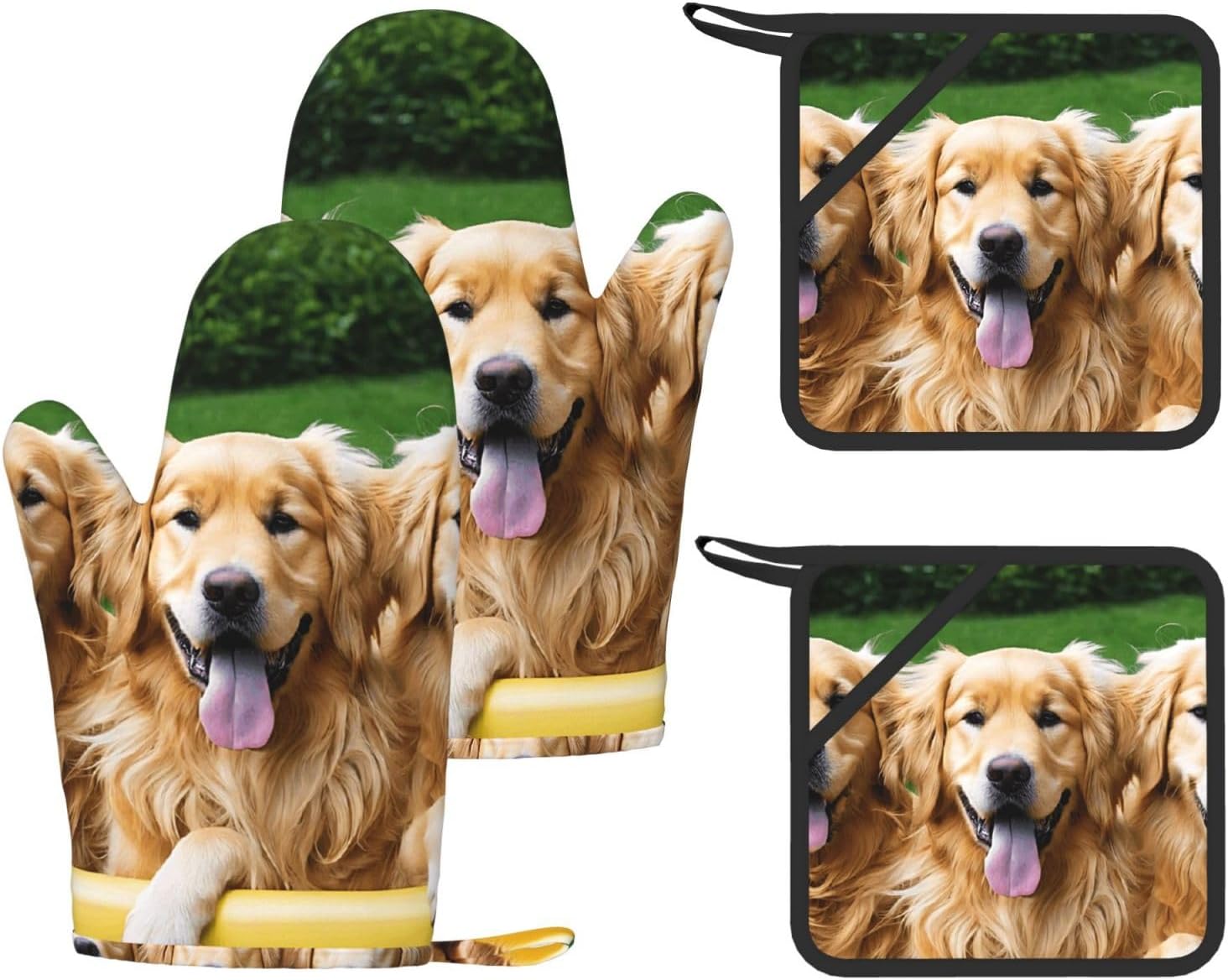 Golden Retriever Dogs Puppies Pets Oven Mitts and Pot Holders Set of 4 Heat Resistant Kitchen Gloves with Silicone Palm Hot Pads for Baking Cooking Grilling BBQ
