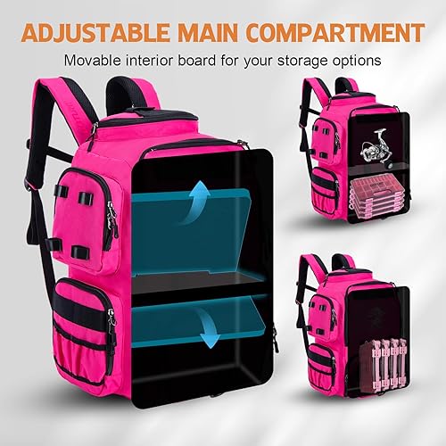 Miniatura 3 de Goture Mochila de pesca, mochila 900D resistente al agua con soportes para caña, bolsa de aparejos de pesca de gran tamaño de 58 L con bolsa cruzada