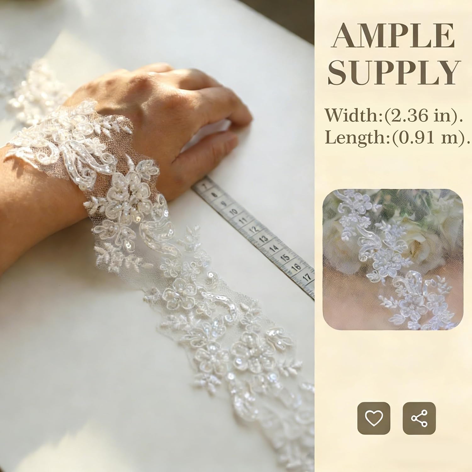 1 Yard Lace Applique Trim for Bridal Wedding Dress Beaded Flower Appliques with Rhinestones Elegant Sleeve Embellishments and Fabric Aplicaciones Ivory White