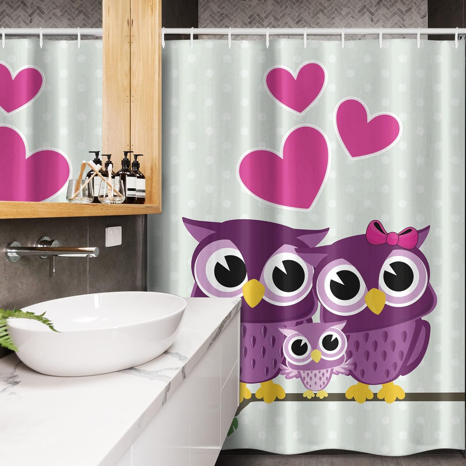 Ambesonne Owls Stall Shower Curtain, Animal Couple Owl Sitting on a Branch Family Portrait Cartoon Art, Fabric Bathroom Decor Set with Hooks, 54" W x 78", Purple Yellow Pink