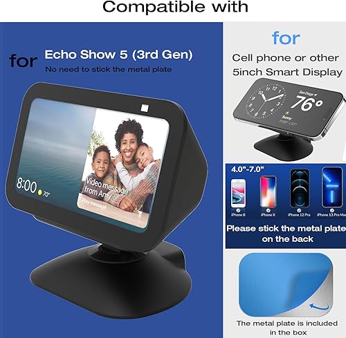 Miniatura 6 de Soporte regulable para Echo Show 5 (3) con puerto de carga USB-C y USB, estación de carga inclinable + giratoria con fuerte magnético para cargar