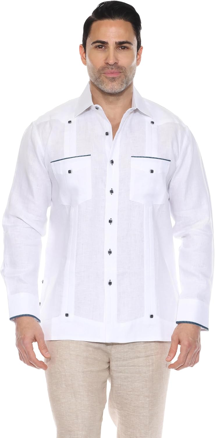 Mojito Men's 100% Linen Guayabera Shirt Long Sleeve with Pop-Color Pocket Trim