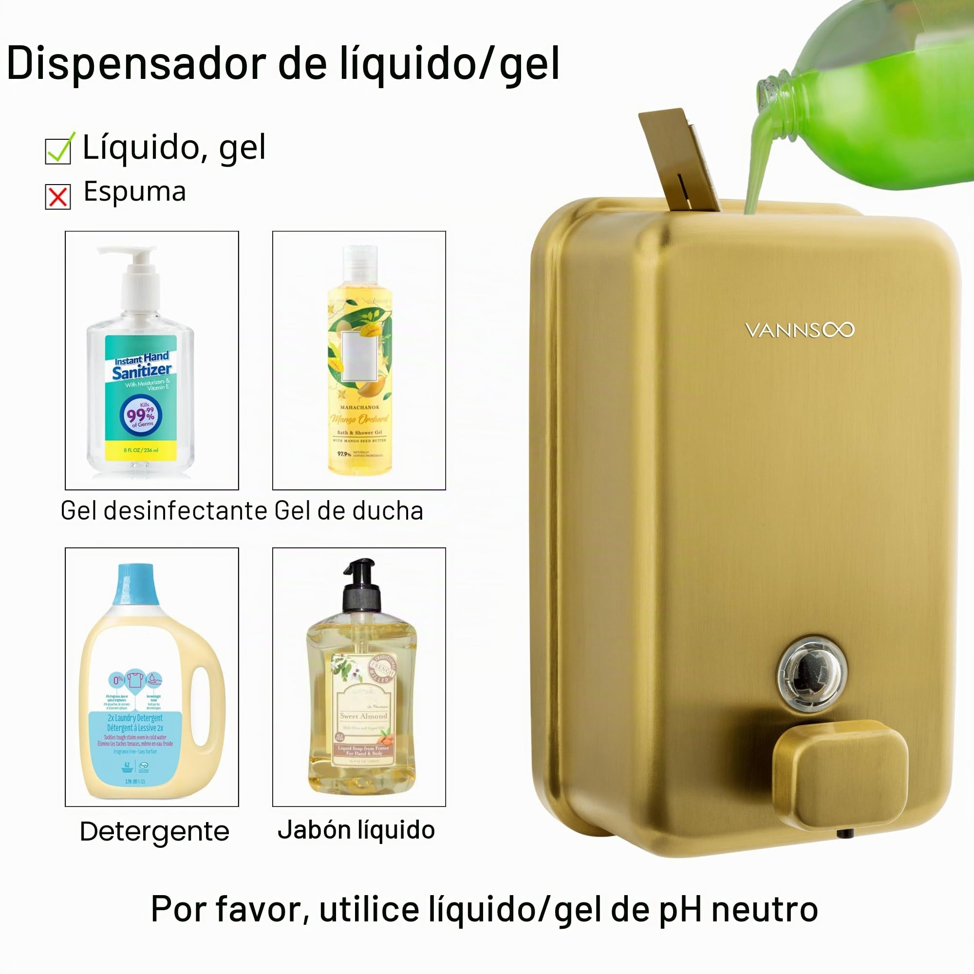 Dispensador de jabón de manos para baño, montaje en pared, 1200 ml, de acero inoxidable para uso comercial, dispensador de jabón líquido de ducha con montaje en pared, vertical dorado