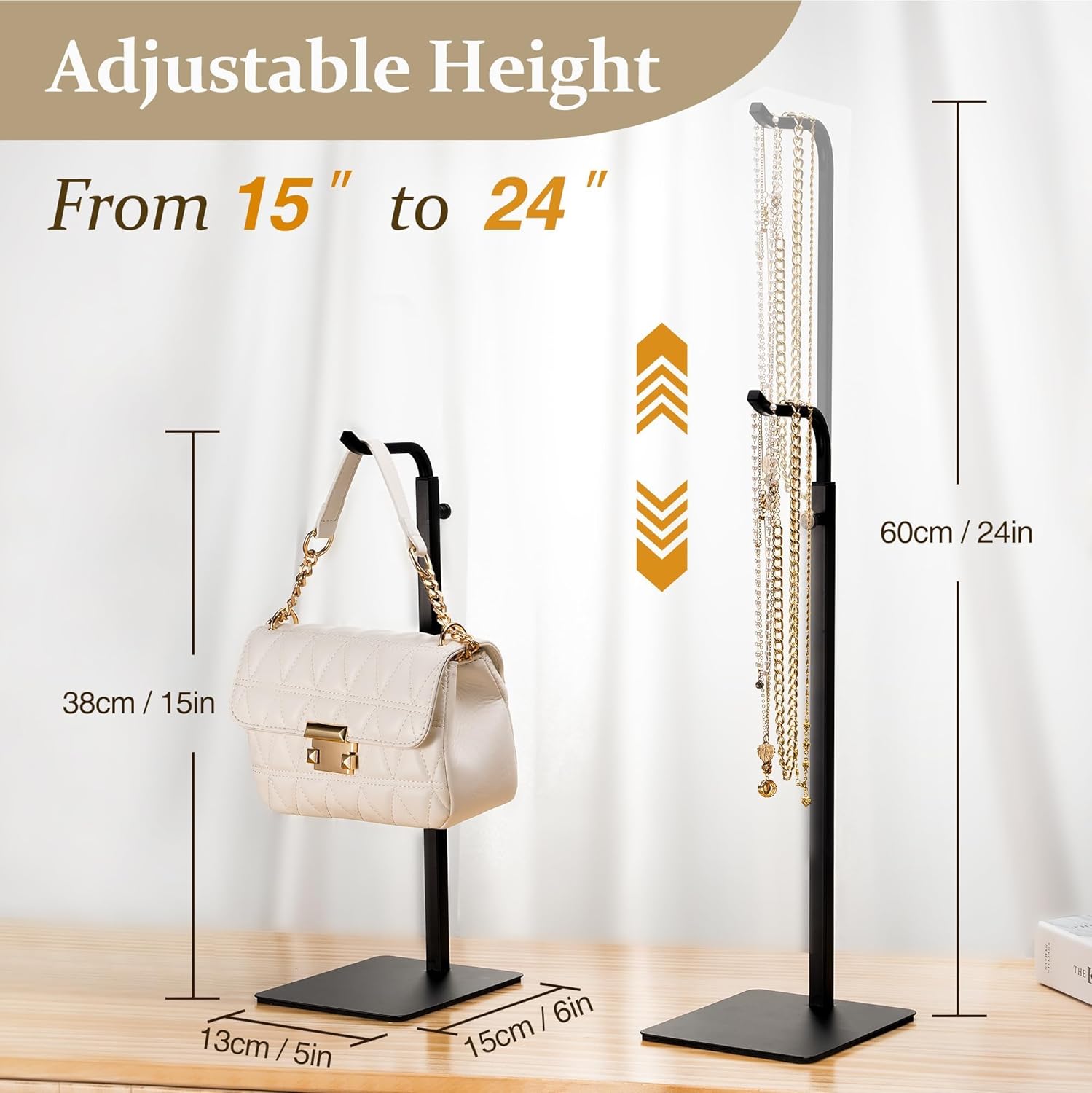 2 Pack Purse Holder Handbag Display Stand: Hanger Rack Showing Bags, Purses, and Wreath, Adjustable Black Hook Stand for Tabletop, Closet, Desk, and Retail Use for Vendors - Image 5