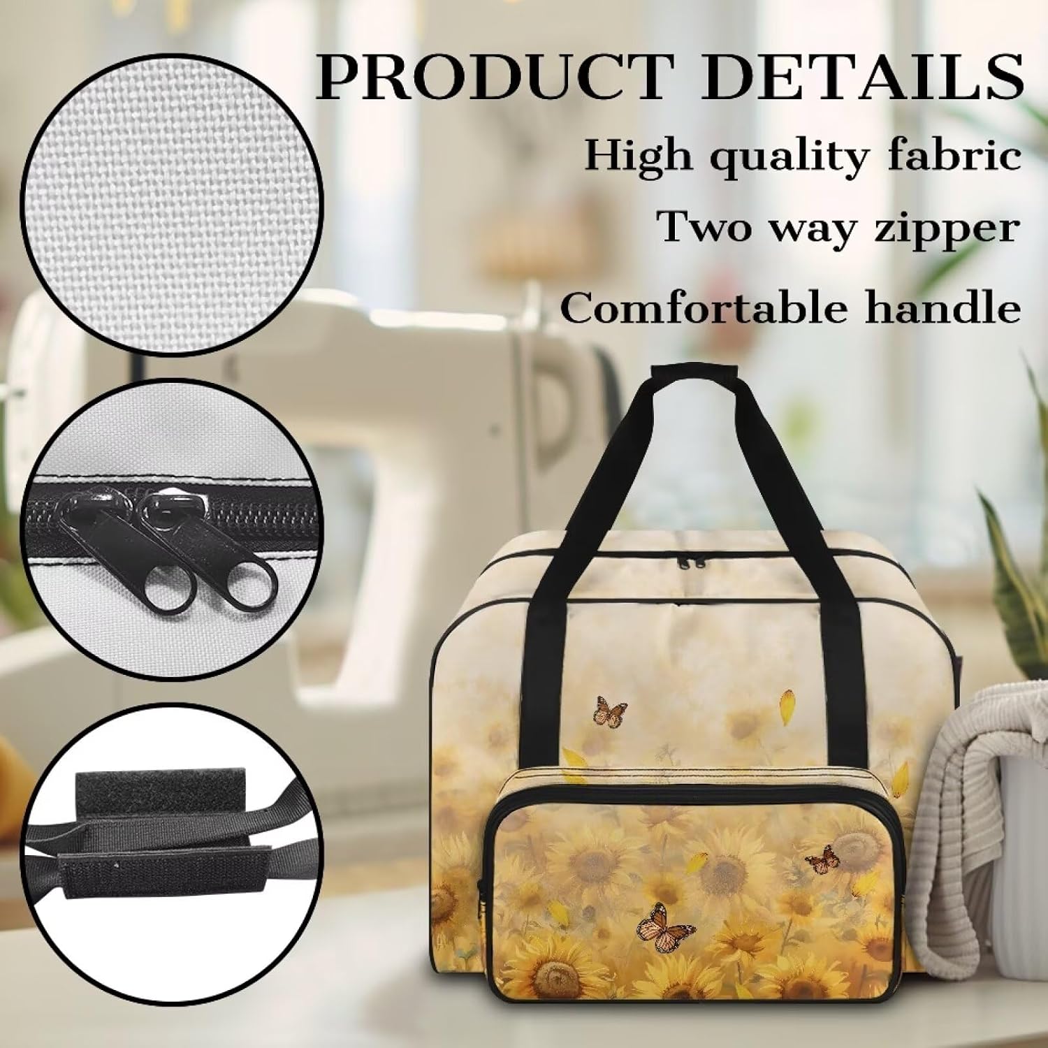Sunflowers and Butterflies Sewing Machine Carrying Case, Portable Sewing Machine Dust Cover Carry Bag with Zippers and Handle Compatible with Most Standard Sewing Machines